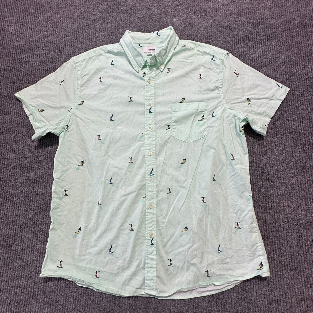 Sonoma Goods For Life Mens Button Down Shirt‎ 2XL Beach Surf Print Short Sleeve